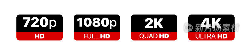 视频大小分辨率图标集。720p, 1080p, 2k和4k高清标识。高清晰度。向量EPS 10。隔离在白色背景上